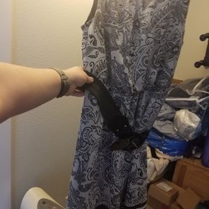 Gray with black designs and black belt dress